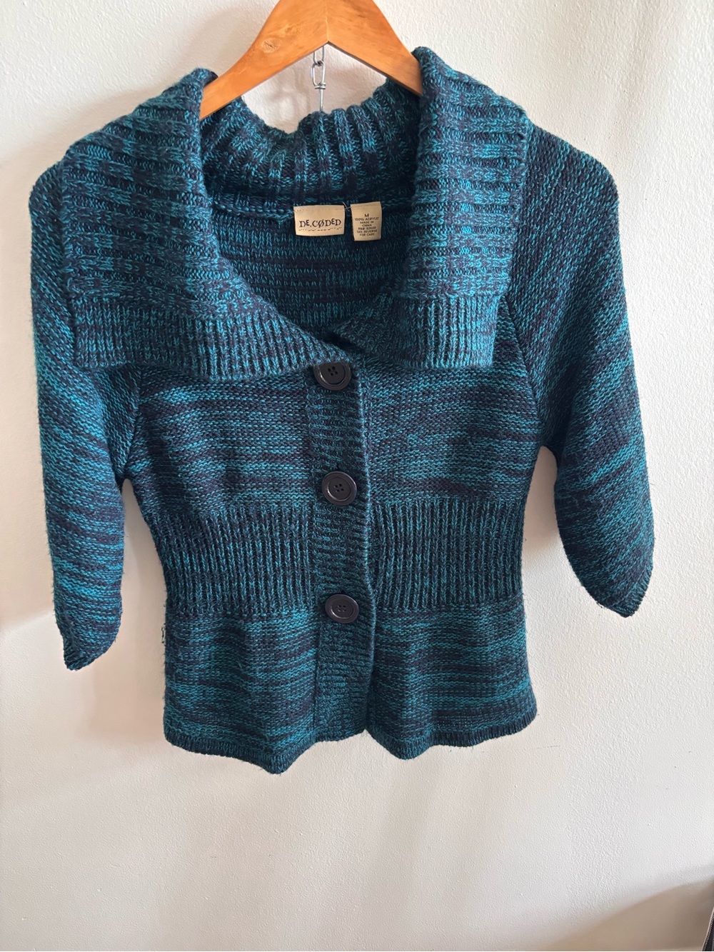 Decoded Teal Blue Black Space Dye Cowl Neck Knit Sweater Medium Elbow Sleeve